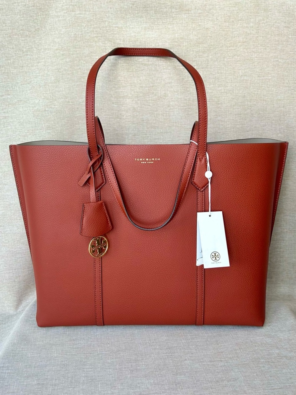 NWT Tory Burch Large Perry Triple Compartment Leather Tote in Sumac
